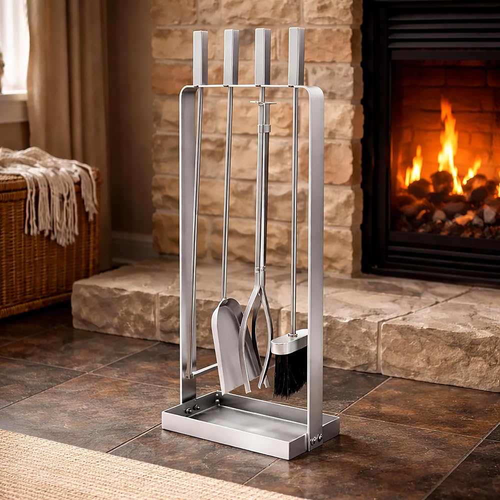 HomeZone Marco Paul Modern Fireside Tool Set 4PC Square Coal Fireplace Bucket