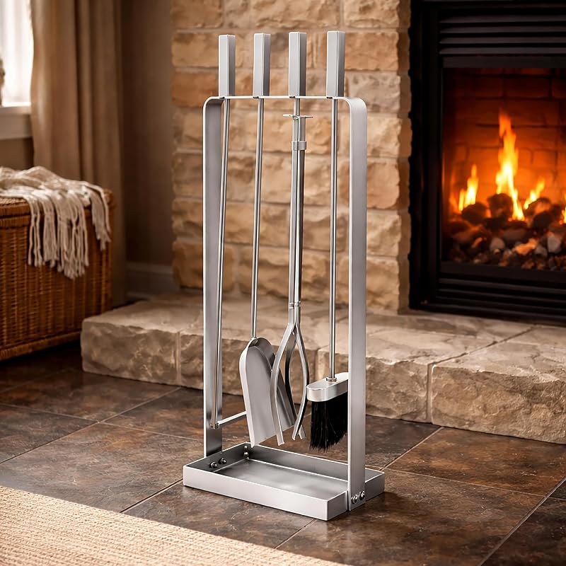 HomeZone Marco Paul Modern Fireside Tool Set 4PC Square Coal Fireplace Bucket