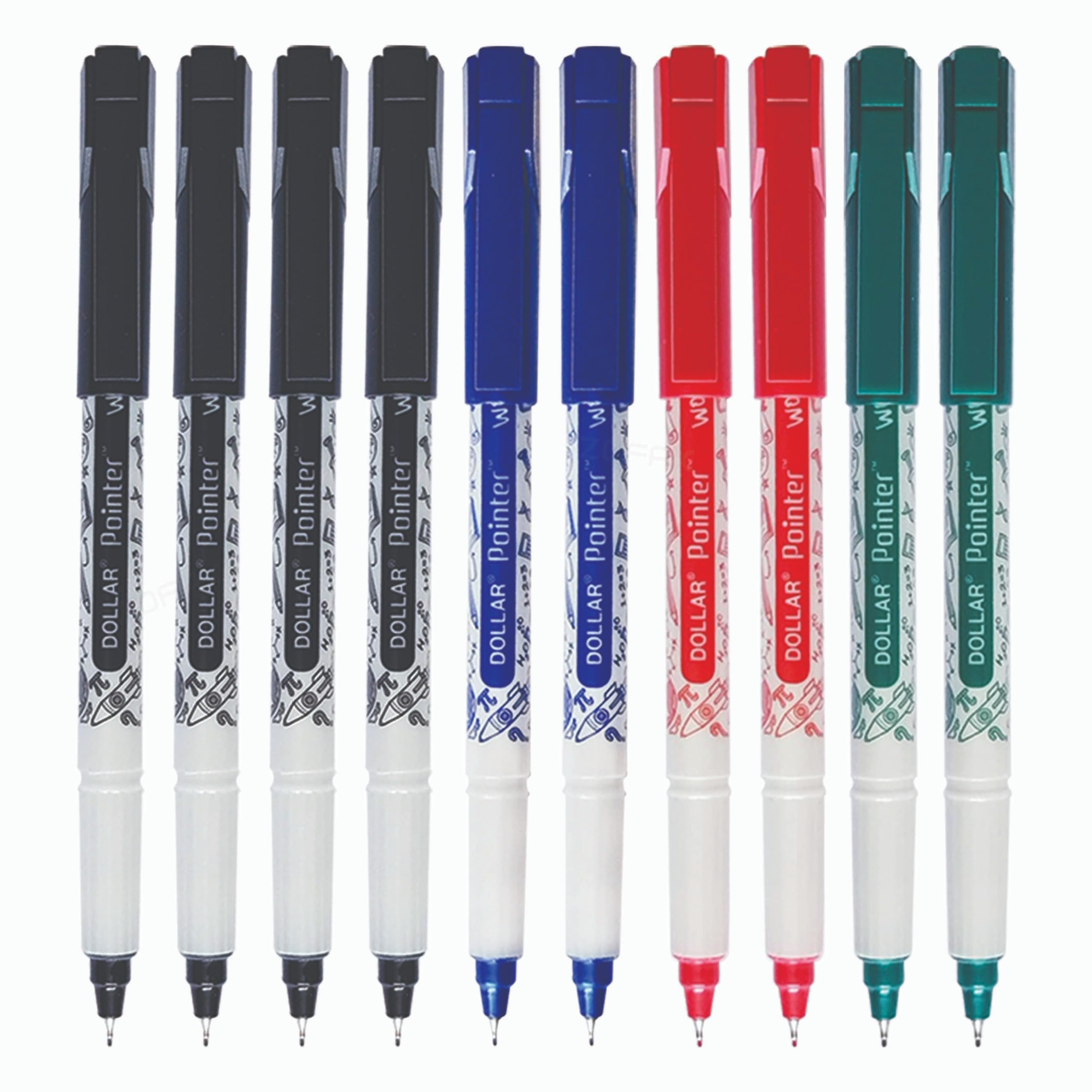 DOLLAR Wow Fineliner Pens, 4 x BLACK 2 x BLUE 2 x RED 2 x GREEN, Fine Tip (0.3mm), Pack of 10, Write Draw Sketch Colour Fine Line Pens, School Office Home Use