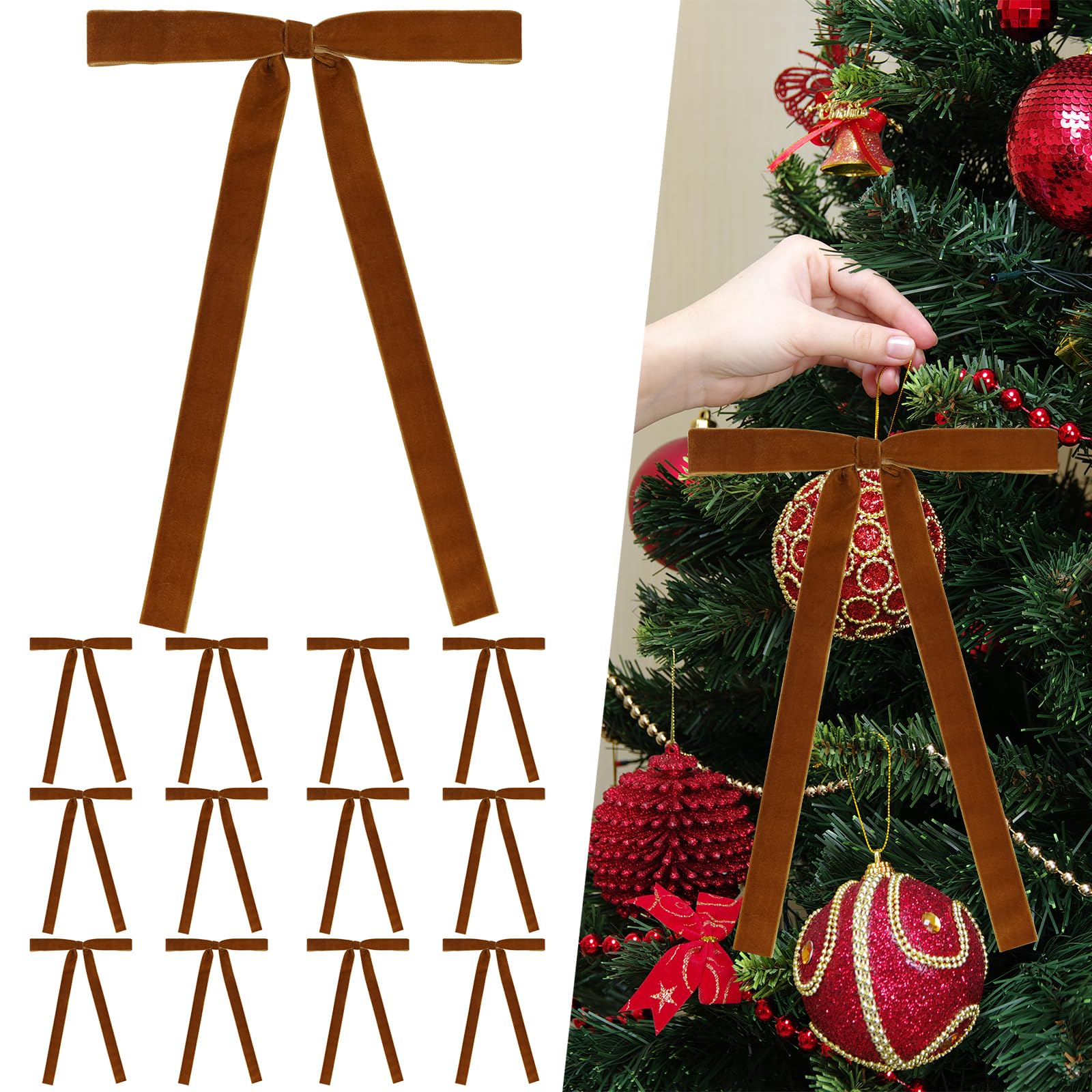 Photo 1 of 12 Pcs Khaki Velvet Bows for Christmas Tree 1 Inch, Vintage Christmas Tree Bows Ornaments for Wreaths Garland Holiday Home Outdoor Indoor Xmas Decorations 9 X 13 Inch (Khaki, 1 Inch) 3PACK