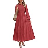 PRETTYGARDEN Women's Long Sleeve Spring Maxi Dresses 2026 Casual Smocked Trim Neck Swiss Dot Flowy Formal Wedding Guest Dress