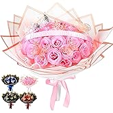 Thiccywoov 36 Pcs Valentines Glitter Roses Bouquet Gifts Artificial Rose DIY Flower Bouquet Kit Birthday Gifts Flower Wrapping Paper 3D Butterflies Crowns for Anniversary (Pink)