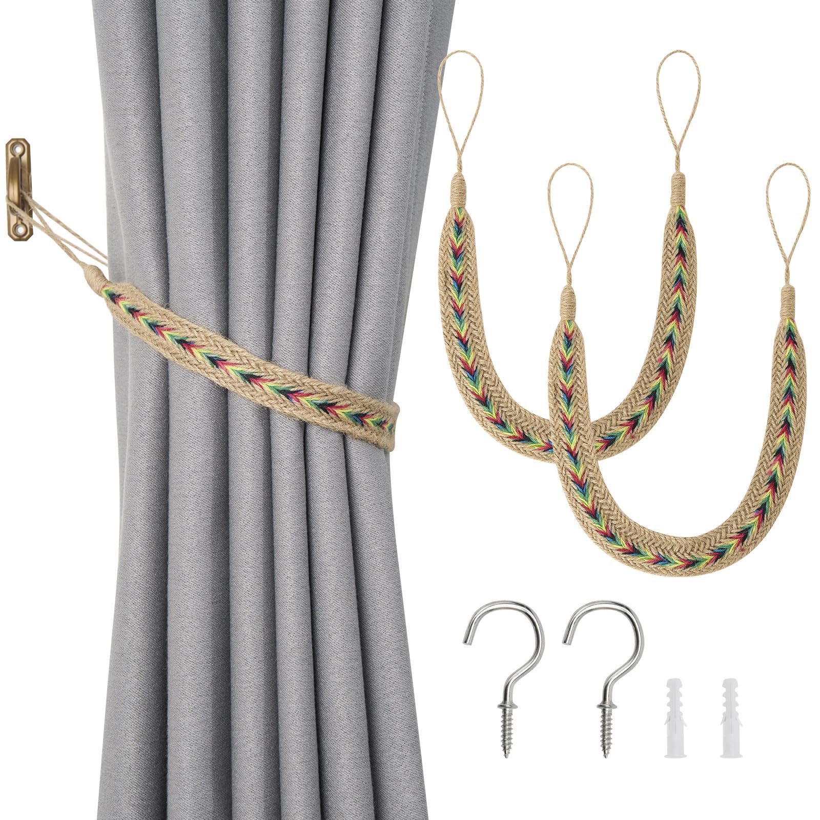 Pretty Jolly 2 Pack Natural Jute Rope Curtain Tiebacks Boho Rustic Style Decorative Drape Tie Backs Elegant Hand-Woven Rope Curtain Holdbacks with Metal Hook for Home & Office Drapery (Jute-Twist-C)