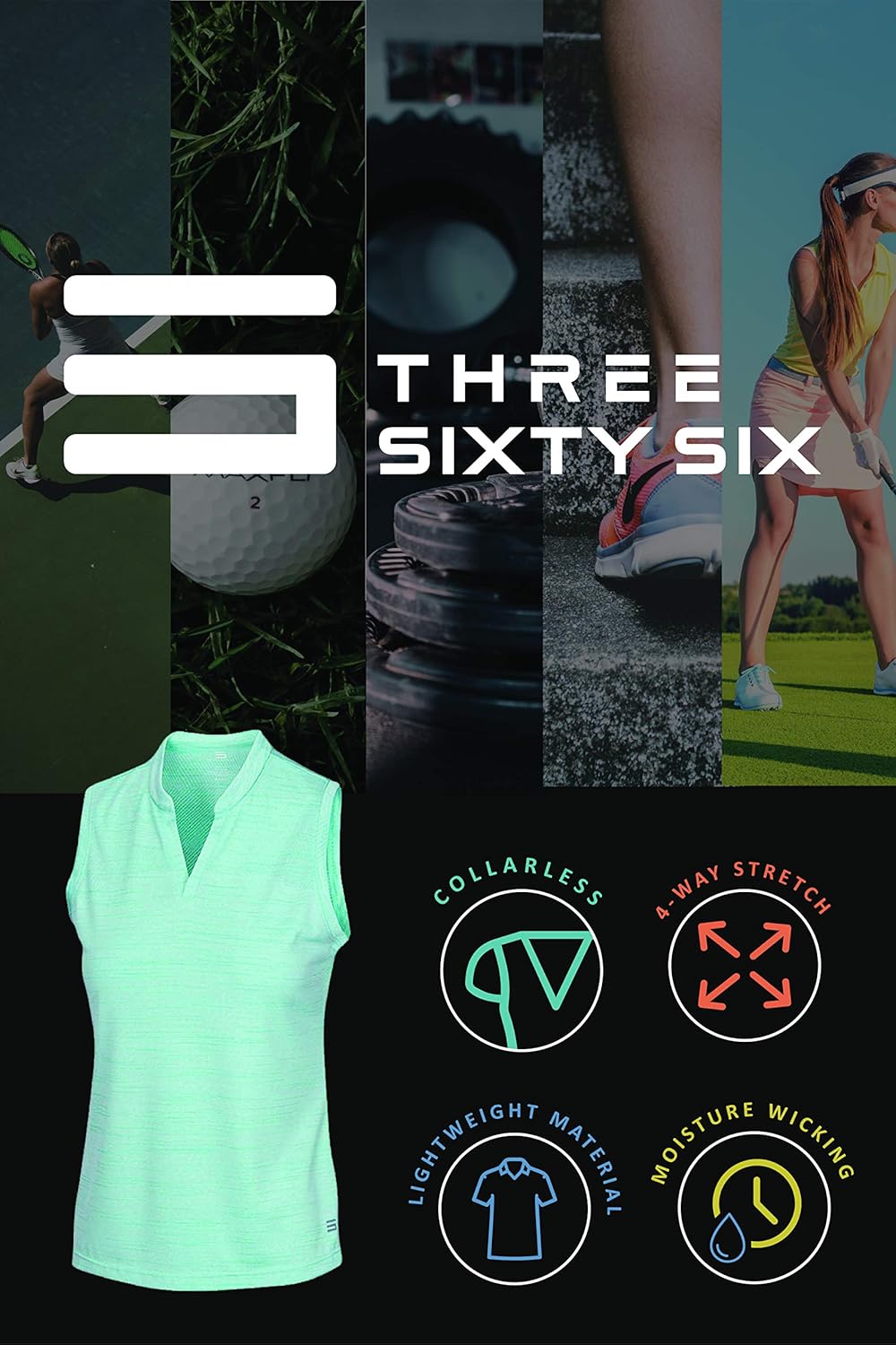 Three Sixty Six Women's Sleeveless Collarless Golf Shirt - Quick Dry Fabric, Lightweight Compression Golf Polo: Clothing