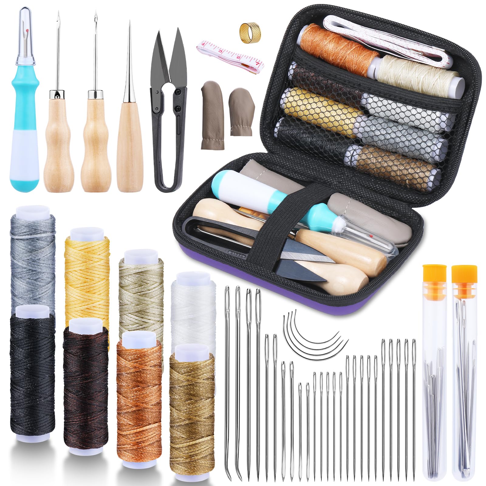 JUAYING 47 Pcs Leather Sewing Kit, Leather Upholstery Repair Kit, Hand Sewing Needles with Big Eye, Sewing Thread, for DIY Beginners, Leather Craft Sewing Tools — image 1