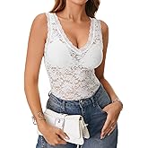 Rooscier Women's Floral Lace Scallop V Neck Sleeveless Sheer Tank Cami Top Blouse Without Bra