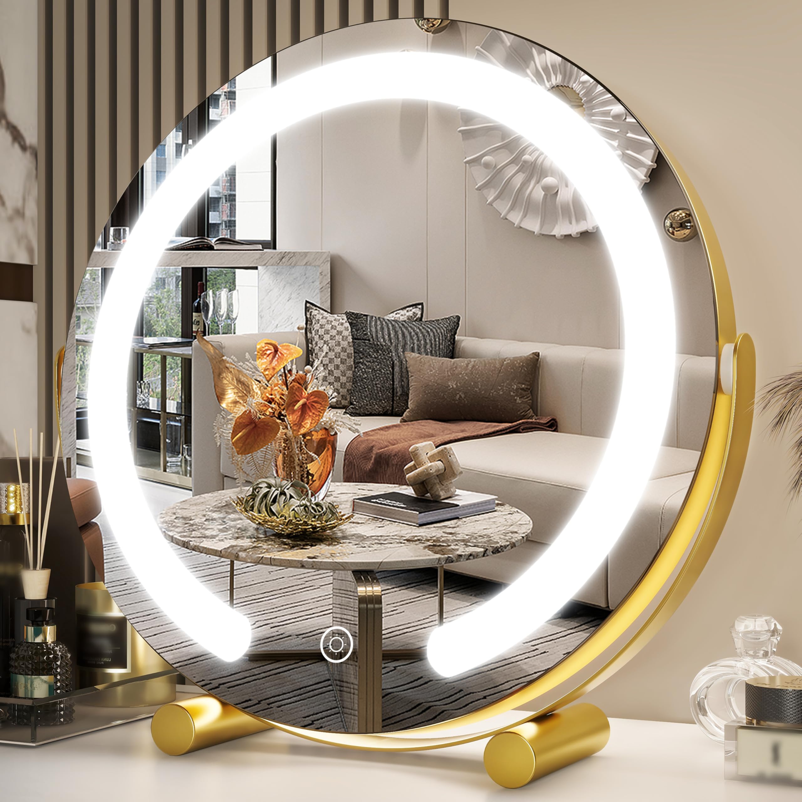 Photo 1 of FENNIO Vanity Mirror with Lights, 13 inch COB LED Lighted Makeup Mirror, Round Makeup Mirror with Lights with 3-Color Lighting, 360° Rotation, Dimmable for Tabletop, Bedroom