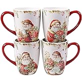 Christmas Story 22 oz. Mugs – Set of 4 Large Ceramic Holiday Coffee Cups with Red Handle & Vintage Santa Art – Festive Hot Cocoa or Tea Mugs for Winter Mornings