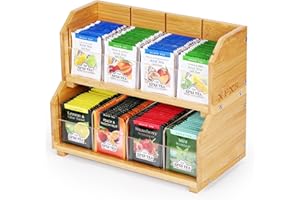 XFXS Tea Bag Organizer, 2 Layer Stackable Bamboo Tea Box Organizer Storage Box, Wooden Holder with 8 Compartments Natural Wood & Acrylic for Countertop Kitchen Cabinet Pantry (2 Tier)
