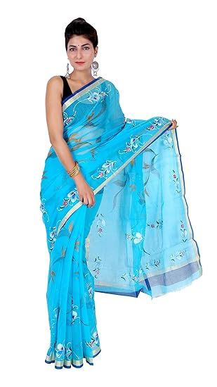 NIKHILAM Womens Kota Doria Saree with Blouse (Turquoise Blue)
