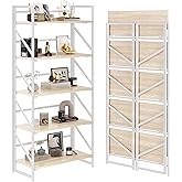 JSB No Assembly Folding Bookshelf, 5 Tier Industrial Metal Book Shelf for Storage, Vintage Wood Foldable Bookcase for Living Room, Bedroom, Office Organization Shelves