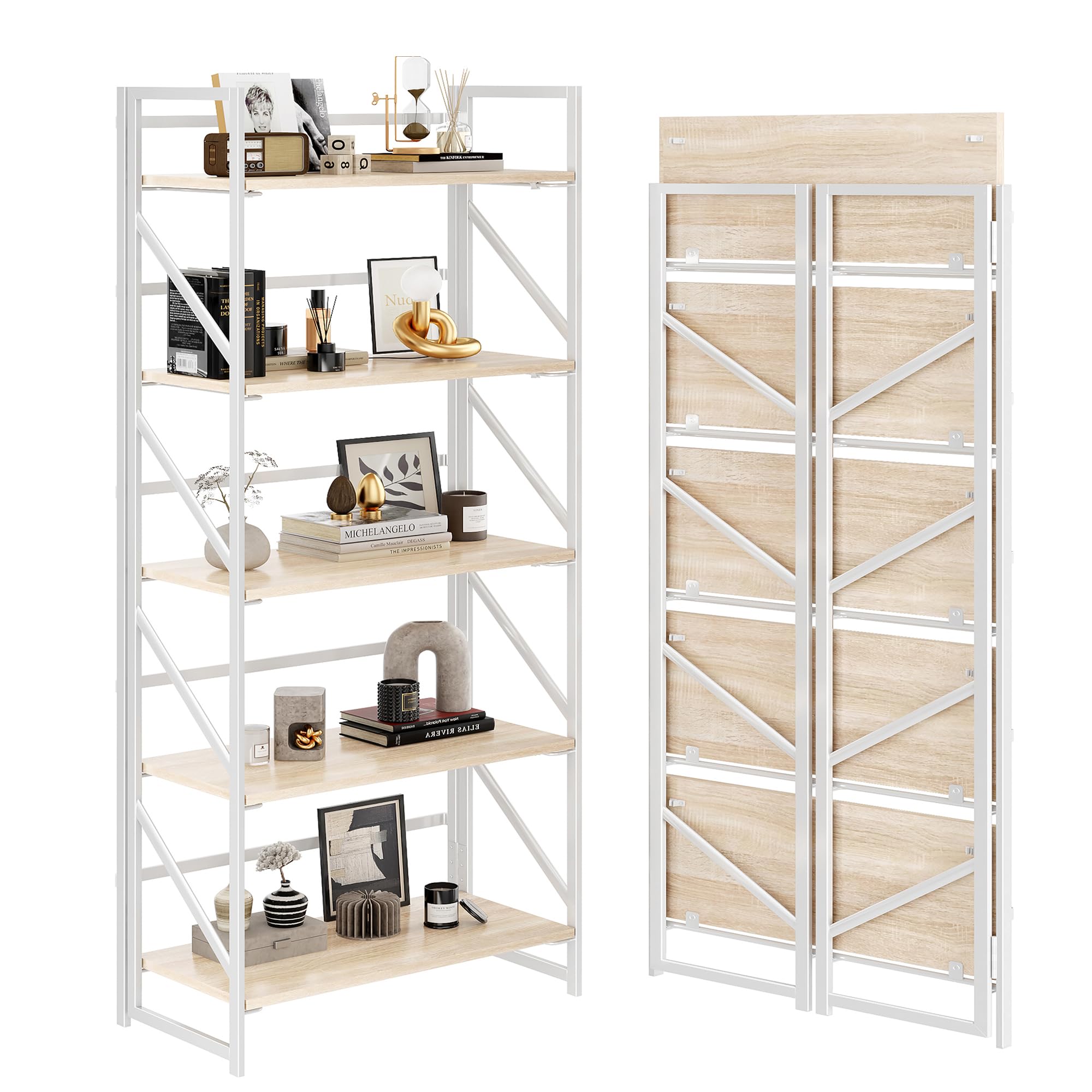 Photo 1 of JSB No Assembly Folding Bookshelf, 5 Tier Industrial Metal Book Shelf for Storage, Vintage Wood Foldable Bookcase for Living Room, Bedroom, Office Organization Shelves