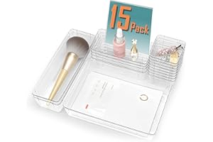 VEXTHYX 15Pcs Clear Plastic Drawer Organizers Set, 4size makeup drawer organizer trays for vanity/desk/bathroom/office/nightstand/gadgets for kitchen/desk drawer, Versatile drawer divider storage bins