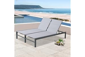 PEAK HOME FURNISHINGS Outdoor Double Aluminum Chaise Lounge Chairs 5-Position Adjustable w/Wheels 2-Person Pool Lounger All Weather for Patio,Padded Grey
