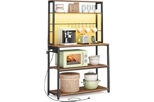 VASAGLE Coffee Bar with LED Lights, Kitchen Bakers Rack with Power Outlet, Microwave Stand with Adjustable Shelves, 8 Hooks, 15.7 x 31.5 x 65.7 Inches, Rustic Brown and Matte Black UKKS050K01
