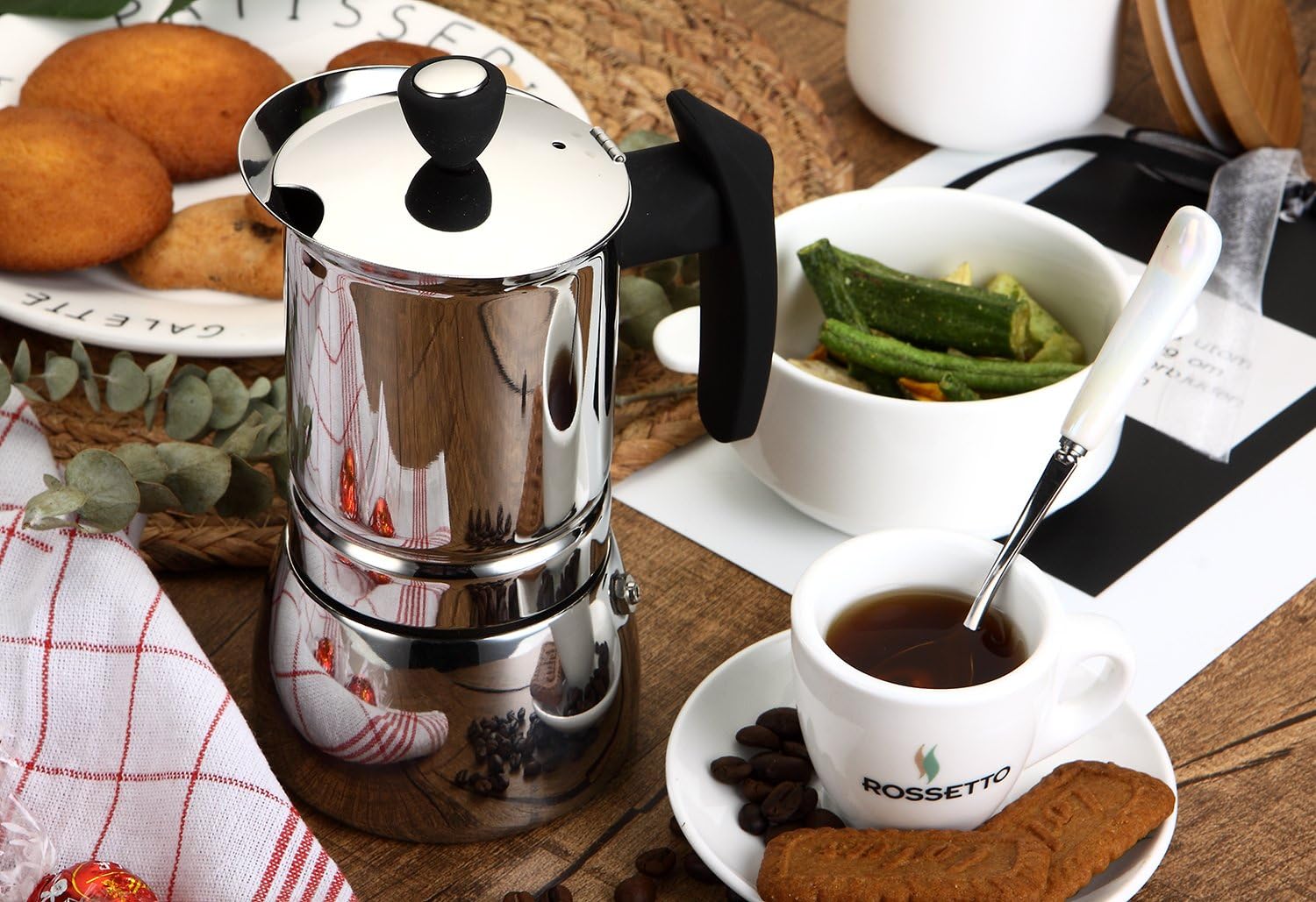 ROSSETTO Cafetera italiana incluido inducción; en acero inoxidable con asa  negra 10 tasses para cualquier fuego Cafeteras italianas Café y té
