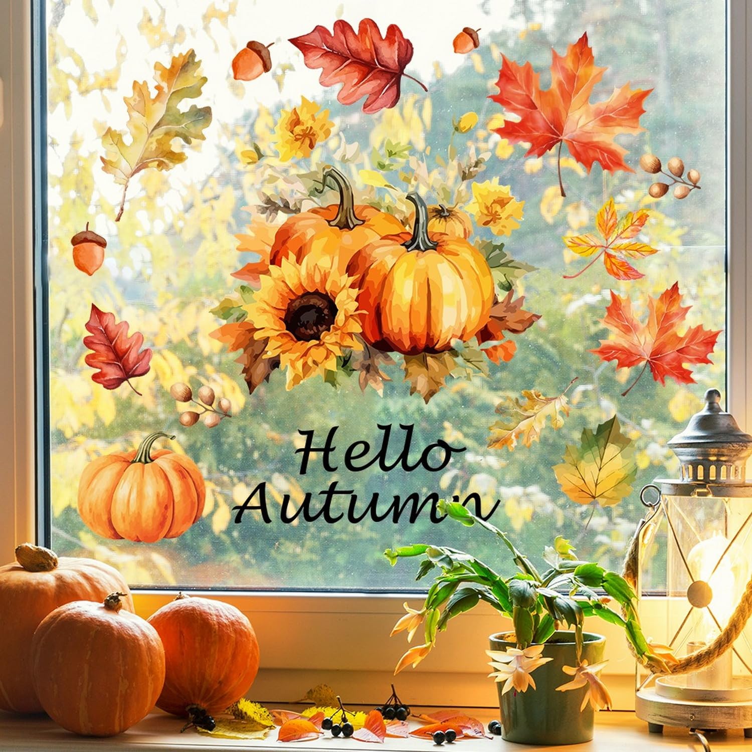 Photo 1 of 1 Sheet Pumpkin Window Clings Fall Window Clings for Glass Windows Double-Sided Hello Autumn Maple Leaf Flower Pumpkin Window Stickers for Glass Windows Decoration for Party Home Shop Decorations