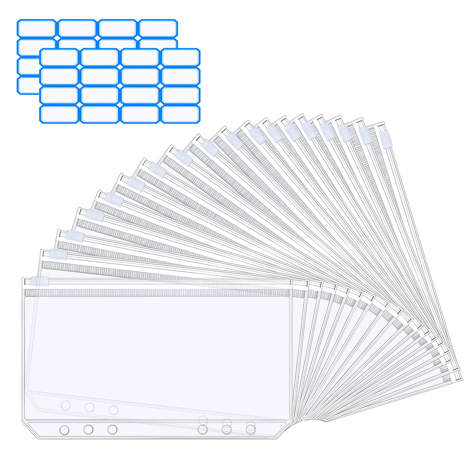 Vicloon A6 Zipper Binder Pockets, 18Pcs Plastic Binder Zipper Folders Loose Leaf Bags with 2 Sheets Removable Label Stickers Money-Saving Cash Envelopes Document Organizer Binder (Transparent)