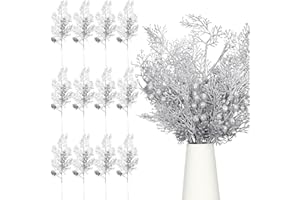 Tigeen 12 Pcs Christmas Tree Picks Bulk Christmas Tree Filler Glitter Branches Berries Stems Floral Decorations 15.75'' Xmas Twigs Berry Picks for Vase (Silver)
