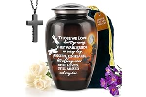 LIFAG Handcrafted Large Urn for Ashes Adult Male & Female – Funeral Cremation Urns for Human Ashes Adult Man with Sentimental Quote, Cross Necklace & Velvet Bag – Decorative Memorial Burial Urns upto 220lbs