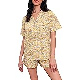 LUBOT 100% Cotton Women's Pajamas Set Button-Down Two-piece PJ Set Short Sleeve Printed Patterned Summer Sleepwear Loungewear (Yellow Flower, M)