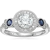 Amazon Essentials Platinum-Plated Sterling Silver Infinite Elements Cubic Zirconia Antique Round-Cut and Created Sapphire Ring, (previously Amazon Collection)