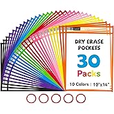 GAMENOTE 30 Pack Dry Erase Pockets, 10x14 Reusable Sleeves, 10 Colors | 30 reusable PVC pockets hold 8.5 x 11 and 9 x 12 sheets; double sided wipe clean surfaces, pen loops, eyelets, and 5 rings