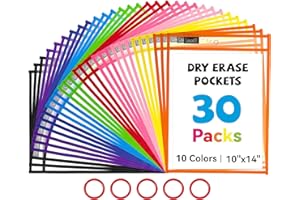 Gamenote 30 Pack Dry Erase Pockets with 5 Rings, 10 Assorted Colors 10x14 Oversized Reusable Plastic Sleeves, Clear Sheet Protectors, Teacher Supplies for Classroom Organization