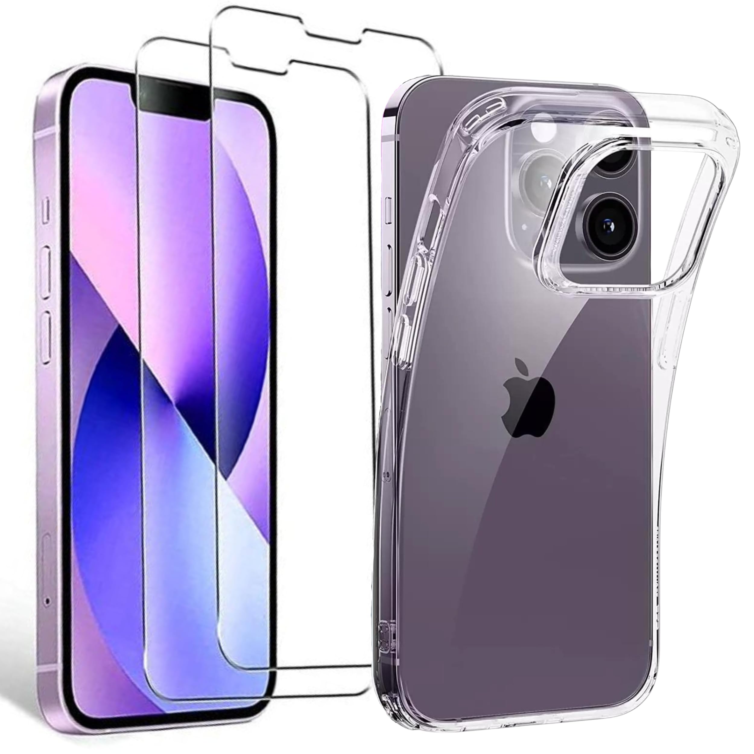 Glamified 3 in 1 Case Cover Compatible with iPhone 15 Series Case and 2 Pack Tempered Glass Screen Protector, Slim Soft TPU Shockproof Anti-Scratch iPhone Case Cover Silicone (iPhone 15) Clear