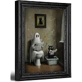 Framed- Bathroom Ghost Black Cat Picture Wall Art,9x11in | Black Framed-Horror Halloween Canvas Prints, Humor Gothic Ghost Picture for Halloween Bathroom Wall Decor