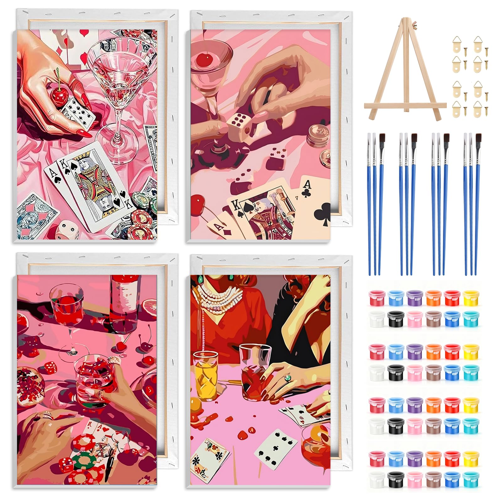 NAIMOER 4 Pack Pink Poker Paint by Numbers Kits for Adults with Frame, DIY Paint by Numbers for Beginners, Painting by Numbers on Canvas Gifts for Home Decor 20x30cm