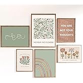 SYZPIKU 6Pcs Mental Health Wall Art Inspirational Positive Quotes Wall Decor Green abstract Boho floral Posters Healing Plant Canvas Painting for Bedroom Office Home Decoration Unframed