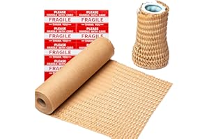 Wowxyz Honeycomb Packing Paper Wrap 12"x105' Recycled Cushion Wrapping Roll Eco Friendly Shipping Moving Green Wrap with 10 Fragile Sticker Labels - Protective Kraft Packaging Suppliers Brown