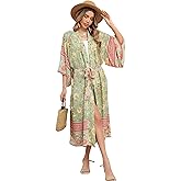 R.Vivimos Women's Vintage Floral Print Beach Boho Cardigan Kimono Maxi Swimwear Cover up Dress Wrap