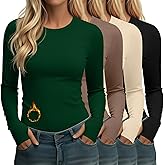 Neer 4 Pack Women's Fleece Thermal Long Sleeve Shirts, Thumb Holes Crew Neck Slim Fit Tops Warm Workout Basic Undershirt