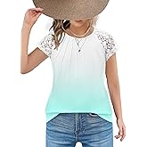 Arshiner Girls Shirts Short Sleeves Lace Pleated Kids Summer Tops Casual Crewneck Blouses Tees