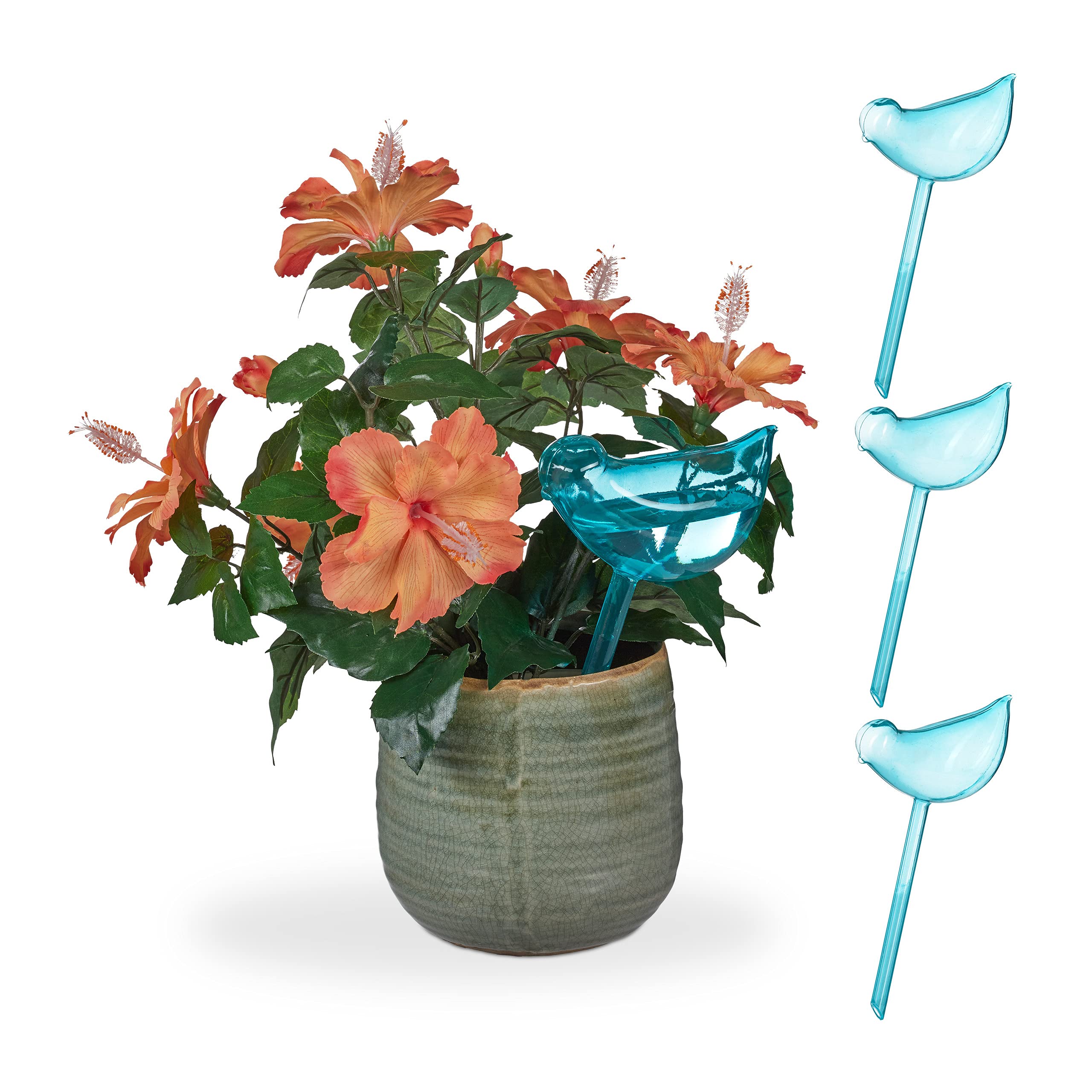 Relaxdays bird-shaped watering spikes, set of 4, plant waterer, self-watering system, 200 ml capacity, in blue