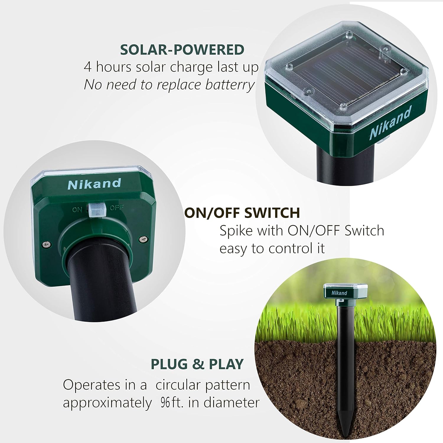 NIKAND Solar Mole Repellent Ultrasonic 4 Pack Outdoor Powered Sonic Deterrent - Mole Stopper Scare Vole for Lawn Garden & Yard Home - Groundhog Repeller Snake Rodent Gopher Spikes Chaser Pest Control: Health & Personal Care