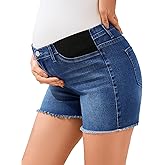 PACBREEZE Women's Maternity Mid-Rise Stretch Denim Shorts Trendy Soft Frayed Hem Pregnancy Shorts, S-XXL