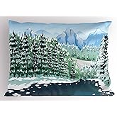 Ambesonne Forest Pillow Sham, Wildwood in Winter Season with Snowy Mountains and Frozen River Cartoon Style, Decorative Standard King Size Printed Pillowcase, 36