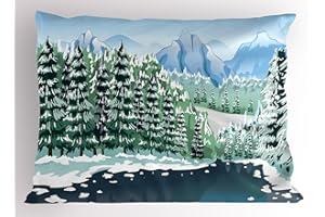 Ambesonne Forest Pillow Sham, Wildwood in Winter Season with Snowy Mountains and Frozen River Cartoon Style, Decorative Standard Size Printed Pillowcase, 26" X 20", Green Blue White