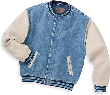 denim varsity jacket with khaki sleeves
