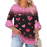 Rapbin Plus Size Tops for Women 3/4 Ruffle Sleeve Crew Neck Button Down Pleated Blouses Casual Fashion Tunic (1X-5X)