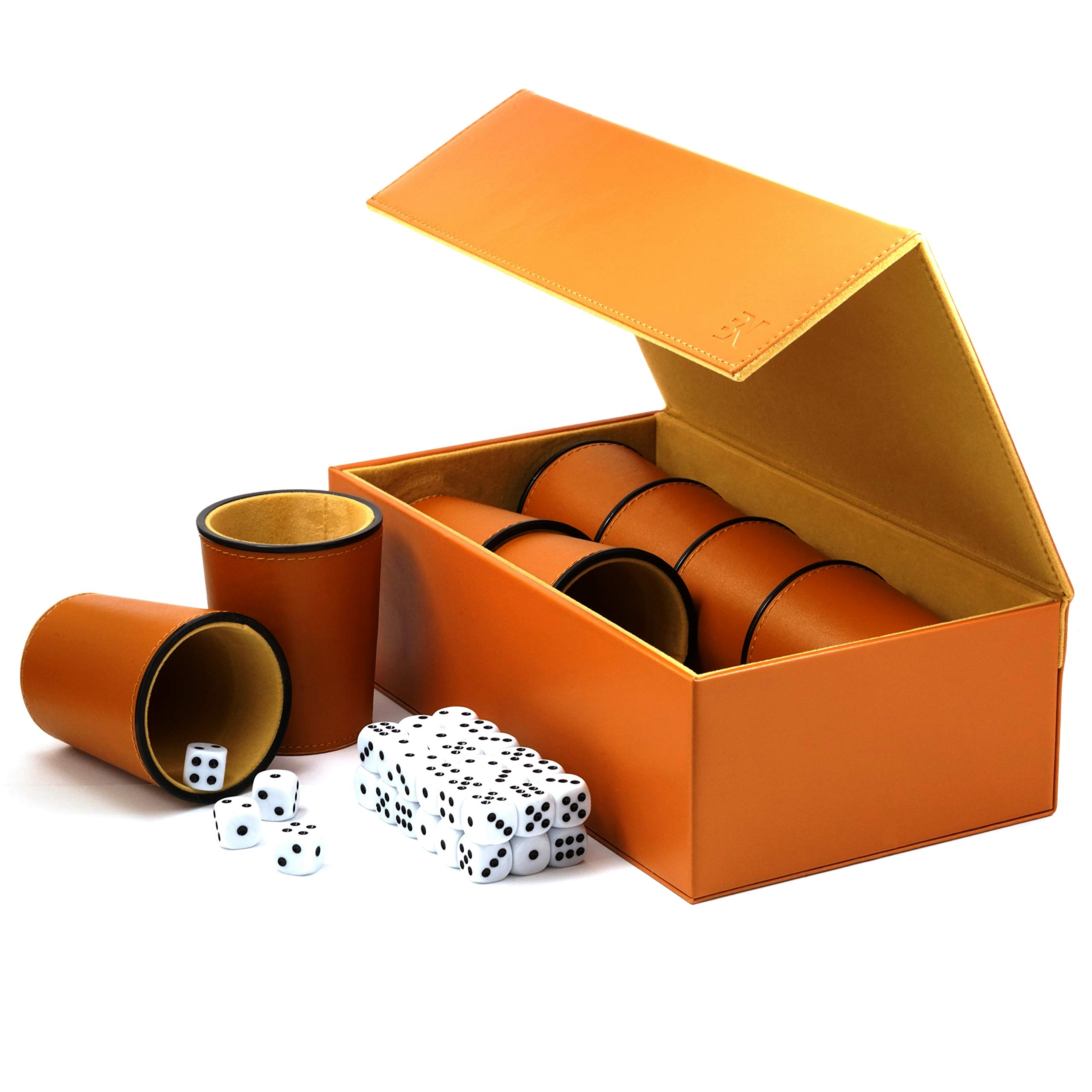 Broniks Dice Cup Set Includes 8 Cups + 40 Dice + Exclusive Storage and Transport Case Made of Faux Leather with Magnetic Closure (Brown)