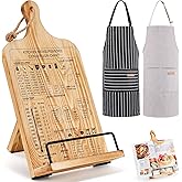 Housejoy Wooden Cookbook Stand with 2 Aprons, Hieght Adjustable Bookholder for Kitchen Counter, Cookbook Holder Stand Wood Sturdy with Measurement Conversion Chart, Foldable Easel for Kitchen