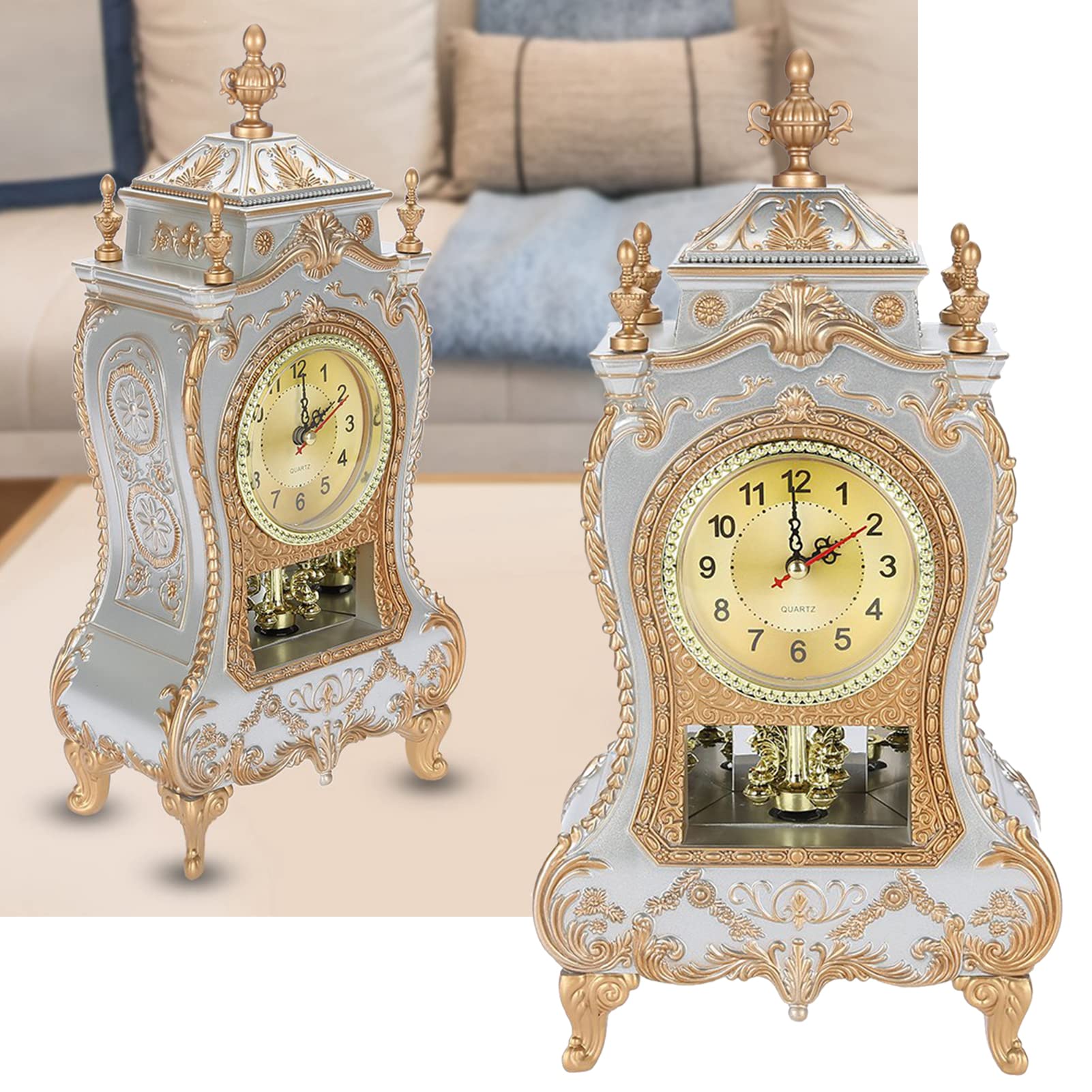 Vintage Clock, Exquisite Vintage Desk Clock Antique Home Hotel Decorative Table Clock with 12 Songs (White)
