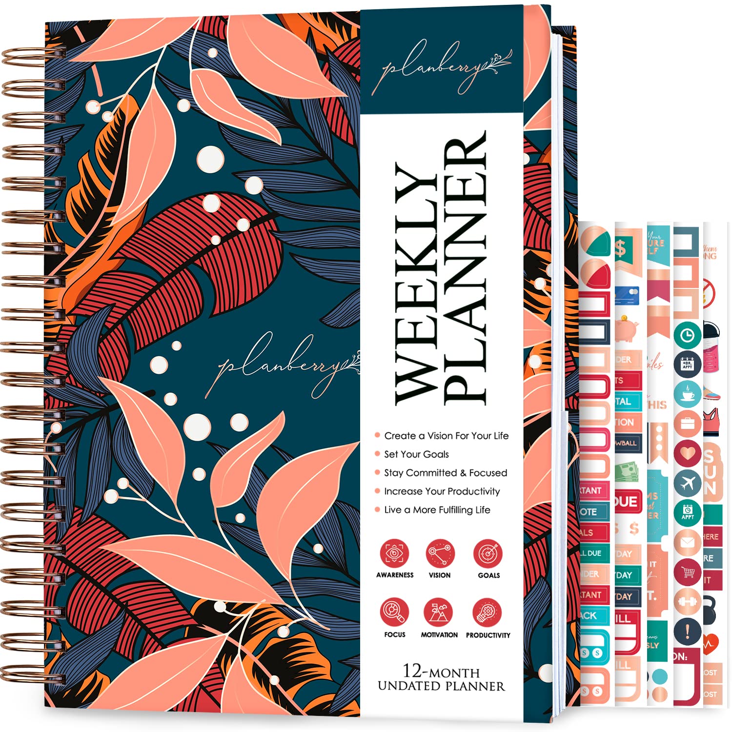 PLANBERRY Weekly Planner Large – Elegant Life & Budget Planner to Hit Your Goals & Live Happier - Organizer & Productivity Journal - 20x27cm Hardcover, Undated + Stickers Tropical Night — image 1