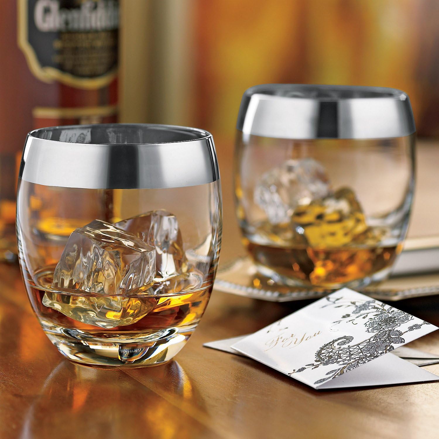 Amazon Com Wine Enthusiast Madison Avenue Whiskey Glasses Set Of 2 Whiskey Tumblers With Silver Trim Highball Glasses