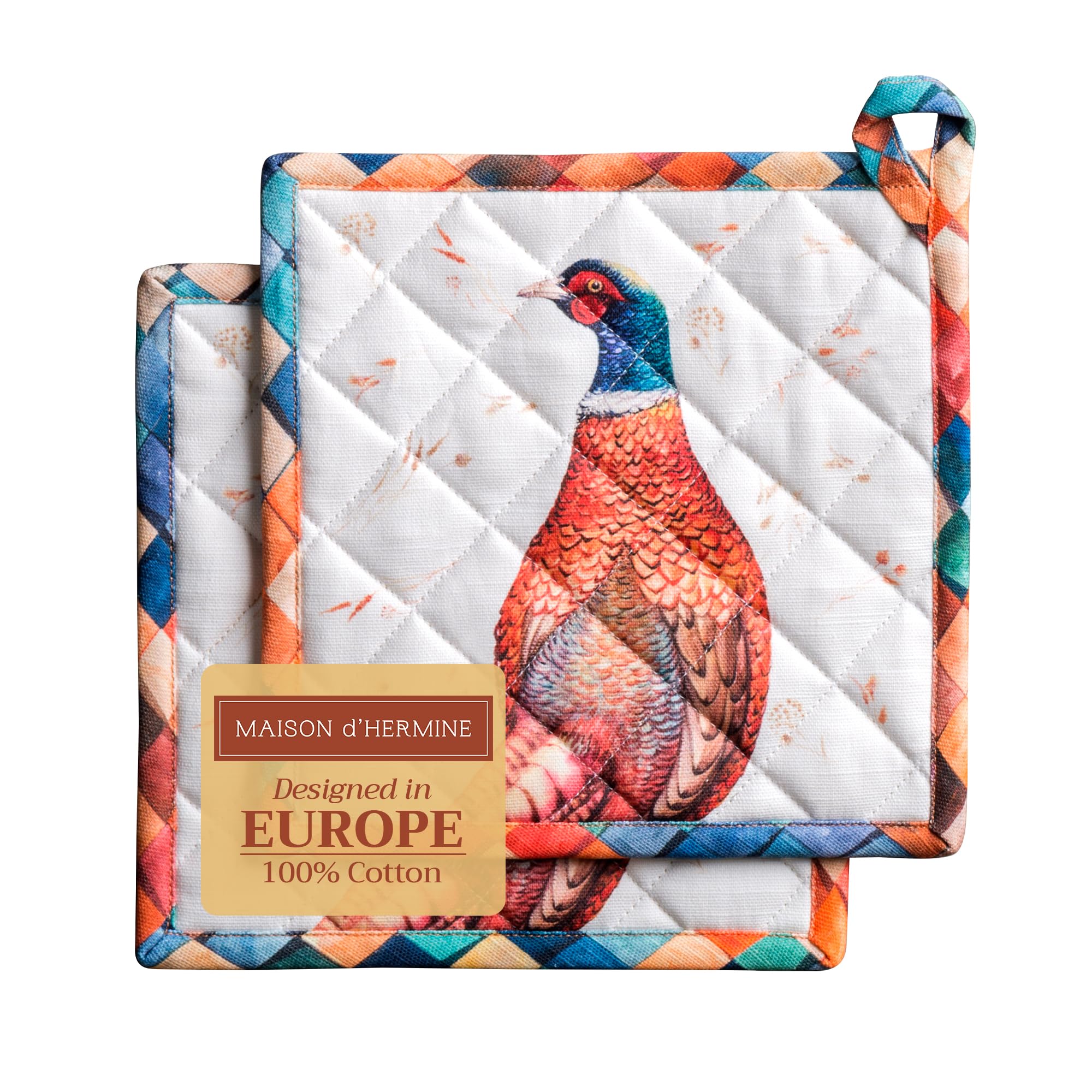Maison d' Hermine Pot Holders Set 100% Cotton Heat Resistant Potholders 20 cm x 20 cm Hot Pads with Loop for Christmas Decorations BBQ Cooking Baking Handling Hot Pans (Pack of 2, Faisan D'Automne)