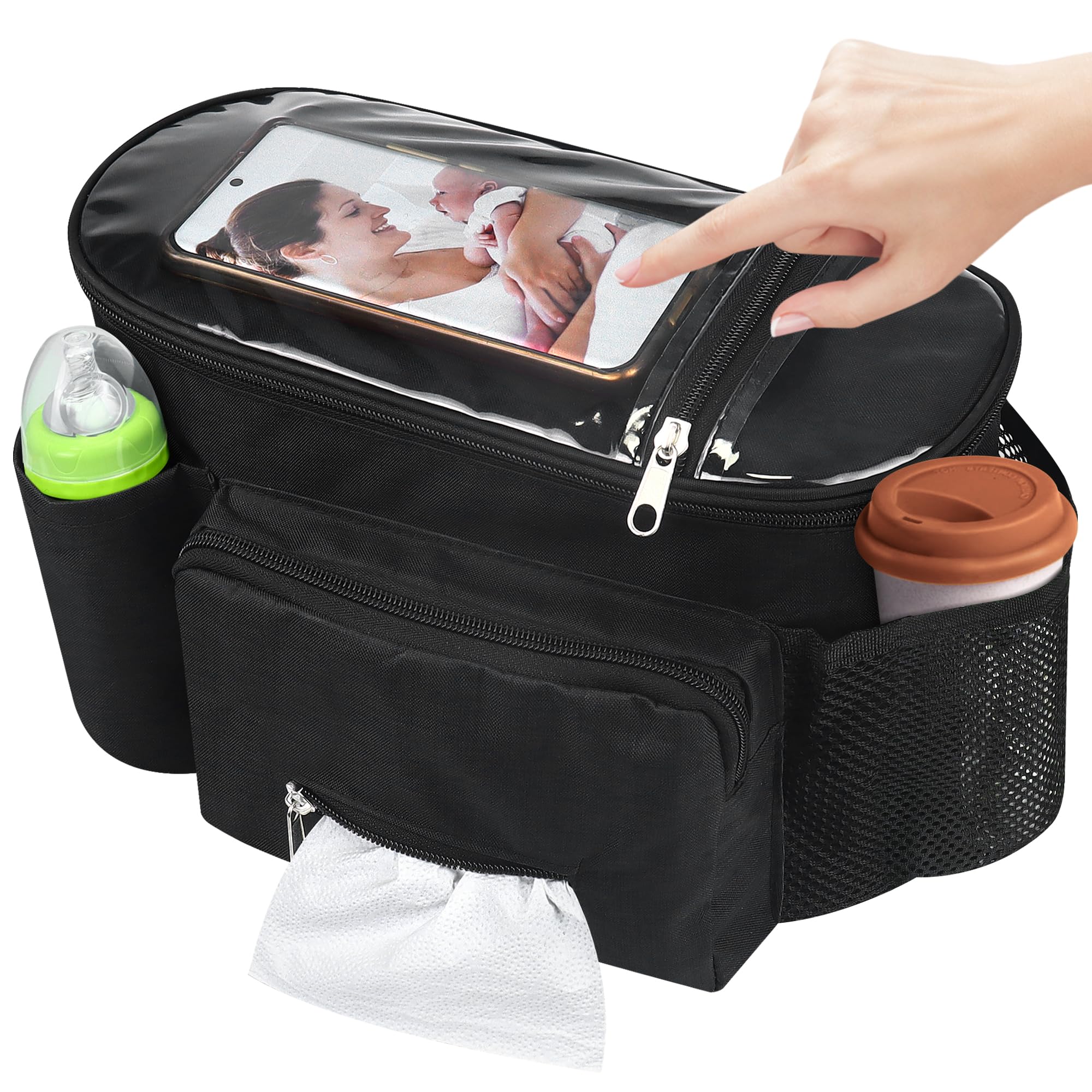 Pram Bag Pushchair Organiser with Touch Screen Phone Pocket Buggy Bag - Universal Mummy Baby Pram Cup Holders Pram Accessories